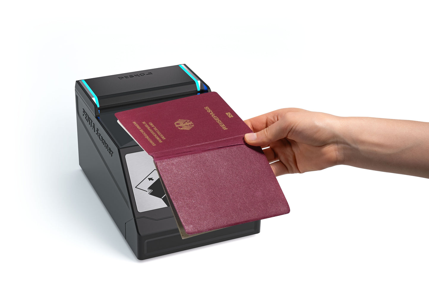DESKO PENTA Scanner 4X leyendo un pasaporte abierto
